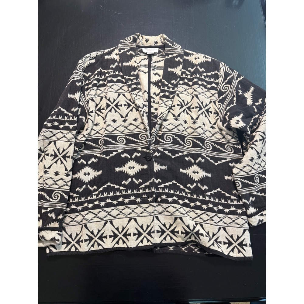 Casual‎ Corner Woman Cotton Southwestern Geometric Print Jacket Black Cream 3X